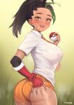  1girl absurdres ass black_hair blush breasts collared_shirt cowboy_shot dark-skinned_female dark_skin fingerless_gloves gloves green_hair hand_on_own_ass highres holding holding_poke_ball large_breasts long_hair looking_at_viewer multicolored_hair necktie nemona_(pokemon) norza open_mouth orange_necktie orange_shorts poke_ball pokemon pokemon_(game) pokemon_sv red_gloves see-through see-through_shirt shirt short_sleeves shorts solo streaked_hair teeth upper_teeth white_shirt yellow_eyes 