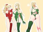  2girls ? ass bangs blonde_hair blue_eyes breasts celes_chere cleavage elbow_gloves final_fantasy final_fantasy_vi gloves green_gloves green_leotard green_thighhighs large_breasts leotard long_hair mii_(aad378) multiple_girls parted_bangs red_gloves red_leotard red_thighhighs single_thighhigh thighhighs tina_branford 
