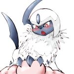  1boy absol absurdres bald blush bright_pupils claws commentary dated_commentary english_commentary fangs foot_on_face fur_collar highres looking_at_another looking_down lying on_back open_mouth pokemon pokemon_(creature) red_eyes red_leopard short_hair sidelocks simple_background solo_focus standing_on_person stepped_on white_background white_pupils 