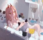  1girl bath bathing bathroom bathtub breasts chainsaw_man cleavage cross-shaped_pupils curtains demon_girl demon_horns horns oto1_030 partially_submerged pink_hair power_(chainsaw_man) red_horns soap_bubbles solo stuffed_animal stuffed_cat stuffed_toy symbol-shaped_pupils wet yellow_eyes 
