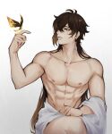  1boy abs brown_hair bug butterfly collarbone earrings genshin_impact highres jewelry long_hair nokkusuart pectorals single_earring solo topless_male white_background zhongli_(genshin_impact) 