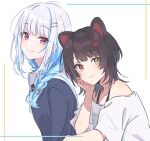  2girls animal_ears bare_shoulders blue_hair braid closed_mouth dog_ears hair_ornament head_rest heterochromia highres inui_toko lize_helesta long_hair looking_at_viewer multicolored_hair multiple_girls nijisanji official_alternate_costume purple_eyes red_eyes sailor_collar school_uniform serafuku single_braid talunilu_uu3 two-tone_hair virtual_youtuber white_hair white_sailor_collar yellow_eyes 