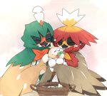  baby basket beak bird chick decidueye eggshell family feathered_wings feathers happy hidane_(natsume_hdn) hisuian_decidueye holding holding_pokemon no_humans parent_and_child pokemon pokemon_(creature) rowlet talons wings 