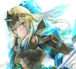  1girl absurdres aqua_hair armor bangs blonde_hair breastplate clear_glass_(mildmild1311) cowboy_shot family_crest fire_emblem fire_emblem_heroes fjorm_(fire_emblem) gold_armor highres long_hair looking_at_viewer multicolored_hair official_alternate_costume puffy_sleeves shoulder_armor solo tiara watermark 