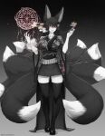  1girl animal_ears bangs breasts fox_ears fox_tail full_body gradient gradient_background greyscale hair_between_eyes highres holding holding_smoking_pipe japanese_clothes kimono kiseru large_breasts long_hair looking_at_viewer magic_circle meolucky147 monochrome multiple_tails obi original red_eyes sash smoke smoking_pipe solo spot_color standing tail thighhighs wide_sleeves 