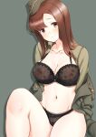  1girl a9b_(louis814) absurdres black_bra black_panties bra breasts brown_eyes brown_hair covered_nipples grace_maitland_steward green_shirt hat highres large_breasts lingerie long_hair luminous_witches military_hat navel panties shirt simple_background solo underwear world_witches_series 