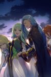  1girl 3boys blonde_hair blue_hair breasts closed_mouth cloud dress echo_(circa) green_hair kratos_aurion long_hair martel_(tales) mithos_yggdrasill multiple_boys open_mouth red_hair smile tales_of_(series) tales_of_symphonia yuan_(tales) 