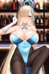  1girl absurdres alcohol areola_slip arm_support armpit_crease asuna_(blue_archive) bar_(place) bar_stool blonde_hair blue_archive blue_bow blue_bowtie blue_eyes blue_leotard blush bow bowtie breasts brown_pantyhose cameltoe champagne_flute chixiao clenched_teeth collar counter cup detached_collar drinking_glass eyelashes feet_out_of_frame fine_fabric_emphasis gloves hair_over_one_eye hair_ribbon hairband halo hand_up highres huge_breasts large_areolae leaning_back legs leotard liquor long_hair looking_at_viewer mole mole_on_breast pantyhose playboy_bunny ribbon shiny shiny_hair shiny_skin sidelocks sitting skin_tight solo stool teeth thighs undersized_breast_cup v wedgie white_collar white_gloves 