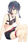  1girl absurdres bangs belt belt_buckle bikini bikini_top_only black_bikini black_choker black_hair black_shorts blue_eyes blunt_bangs blush breasts buckle chip_le_cree choker closed_mouth commentary fate/grand_order fate/requiem fate_(series) highres looking_at_viewer low_twintails multicolored_hair navel pink_hair pout red_belt short_hair short_shorts shorts simple_background sitting small_breasts solo stomach streaked_hair swimsuit thighs twintails two-tone_hair utsumi_erice utsumi_erice_(swimsuit_avenger) utsumi_erice_(swimsuit_avenger)_(first_ascension) white_background 