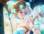  1girl bangs blonde_hair blue_eyes bouquet breasts bridal_veil clear_glass_(mildmild1311) cleavage collarbone detached_sleeves earrings fire_emblem fire_emblem_heroes fjorm_(fire_emblem) gold_trim holding holding_bouquet holding_staff jewelry medium_breasts official_alternate_costume pegasus solo staff tiara veil 