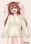  1girl alternate_costume brown_eyes brown_hair cowboy_shot hair_between_eyes headband highres ishida_arata kantai_collection long_sleeves open_mouth shiratsuyu_(kancolle) simple_background solo sweater translation_request twitter_username white_background white_sweater 
