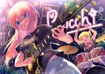  2girls ^_^ absurdres ahoge animal_costume bangs black_shirt blonde_hair blue_eyes bocchi_the_rock! bow bowtie closed_eyes cube_hair_ornament dinosaur_costume drum drum_set drumsticks electric_guitar gibson_les_paul gotou_hitori guest_art guitar hair_between_eyes hair_ornament highres holding holding_drumsticks ijichi_nijika instrument long_hair multiple_girls music official_art one_side_up open_mouth pink_hair playing_instrument plectrum polka_dot polka_dot_bow red_bow red_bowtie shirt side_ponytail smile star_(symbol) warabimochi_kinako 
