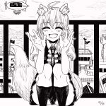  1girl :d ahoge aircraft animal_ear_fluff animal_ears asymmetrical_hair bangs blush building center_frills city closed_eyes cloud commentary_request cookie_(touhou) dated dirigible fang feet_out_of_frame flag fox_ears fox_girl fox_tail frills greyscale hair_between_eyes highres medium_hair miniskirt miramikaru_riran monochrome open_mouth outdoors psychic_parrot railing rooftop shirt sidelocks skirt smile socks solo squatting tail teppeki_skirt the_chicken_that_appears_in_the_middle_of_cookie vest 