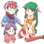  1boy 2girls blue_eyes breasts closed_mouth dress feena_(grandia) full_body grandia grandia_i green_eyes green_hair hair_ornament hair_tubes hat jewelry justin_(grandia) long_hair looking_at_viewer low-tied_long_hair midriff multiple_girls necklace purple_hair puui_(grandia) simple_background smile sue_(grandia) sword thighhighs tsubobot weapon white_background wide_sleeves 