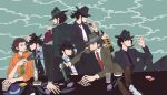 6+boys alcohol beard black_hair bottle brown_hair cigarette clone commentary_request covered_eyes facial_hair flower formal hat highres jigen_daisuke lupin_iii male_focus multiple_boys no_headwear out_of_frame short_hair sitting smile smoke smoking suit table urourooooo 