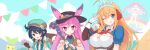  4girls animal_ears ascot backpack bag bangs blue_eyes blue_hair blue_sky breasts brown_coat brown_gloves cleo_(dragalia_lost) coat crossover dragalia_lost fingerless_gloves gloves green_eyes hair_between_eyes hat highres holding holding_staff large_breasts long_hair lumiere_pandora midriff mitsuba_(dragalia_lost) multiple_girls navel one_eye_closed orange_hair pecorine_(princess_connect!) pink_eyes pink_hair pipple_(dragalia_lost) princess_connect! puffy_short_sleeves puffy_sleeves rabbit_ears red_ascot short_hair short_sleeves sky smile staff suta_(clusta) tiara tongue tongue_out twintails white_gloves 
