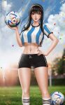  1girl 2022_fifa_world_cup ass_visible_through_thighs ball black_hair black_shorts blurry blurry_background breasts collarbone confetti crop_top crop_top_overhang drawing feet_out_of_frame hand_on_hip highres kneehighs kyopink large_breasts linea_alba looking_at_viewer midriff navel nose one_eye_closed red_eyes short_hair_with_long_locks short_shorts shorts sky smile soccer_ball soccer_field soccer_uniform socks solo sportswear spy_x_family wide_hips yor_briar 