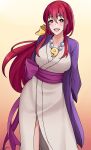  1girl :d ace_attorney aroevela breasts cosplay gradient gradient_background highres japanese_clothes jewelry kimono kotohime_(touhou) large_breasts long_hair looking_at_viewer magatama magatama_necklace maya_fey maya_fey_(cosplay) necklace open_mouth red_hair signature smile solo standing touhou touhou_(pc-98) white_kimono yellow_background 