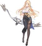  1girl artist_request atelier_(series) atelier_ryza atelier_ryza_2 azur_lane bangs blonde_hair blush bow_(weapon) breasts cleavage corset full_body gold_trim green_eyes hair_ornament hairband halterneck hand_up high_heels highres holding holding_weapon klaudia_valentz large_breasts long_hair long_skirt looking_at_viewer o-ring official_art pantyhose shiny shiny_hair side_slit skirt sleeveless smile thigh_strap transparent_background weapon 
