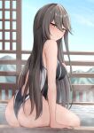  1girl akahi242 alternate_costume arm_support ass black_hair blush breasts brown_eyes closed_mouth competition_swimsuit fingernails hair_between_eyes haruna_(kancolle) highres jitome kantai_collection large_breasts long_hair looking_at_viewer looking_back mountain one-piece_swimsuit onsen open_mouth sitting smile solo swimsuit towel two-tone_swimsuit wide_hips 