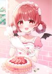  1girl :3 :d blush bow breasts brick_wall bush buttons cake choker cleavage commission doily fangs flower food frilled_choker frilled_cuffs frills fruit hair_bow hair_rings hairband heart_button holding lolita_hairband mole mole_under_eye nanase_(ribonshitoron) open_mouth original pastry_bag puffy_short_sleeves puffy_sleeves red_eyes red_hair ribbon short_sleeves skeb_commission small_breasts smile solo strawberry table window wrist_cuffs 