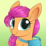  badge bag big_ears digital_media_(artwork) earth_pony equid equine eyelashes female feral gradient_background green_background green_eyes hair happy hasbro hi_res horse illusion_(artist) mammal mlp_g5 my_little_pony orange_body pink_hair pony portrait saddle_bag simple_background smile sunny_starscout_(mlp) tongue tongue_out 