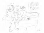  absurd_res after_sex beer_belly big_penis canid canine canis clifford_(doodledoggy) demon doodledoggy genitals hi_res hybrid mammal monochrome orf orf_(character) penis procyonid raccoon toonkind toony wolf 