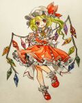  1girl blonde_hair crystal flandre_scarlet full_body hat hat_ribbon heart heart_hands key747h looking_at_viewer mob_cap one-hour_drawing_challenge one_side_up open_mouth red_eyes red_footwear red_ribbon red_skirt red_vest ribbon shirt short_sleeves skirt socks solo touhou traditional_media vest white_headwear white_shirt white_socks wings 
