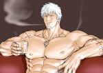  1boy abs alcohol bara biceps cigarette couch creed_(gyee) facial_hair glass gyee jewelry kokorozashi large_pectorals looking_at_viewer male_focus manly mature_male muscular muscular_male necklace nipples pectorals short_hair smoke smoking solo spiked_hair stubble tattoo teeth thick_arms thick_eyebrows upper_body whiskey white_hair yellow_eyes 