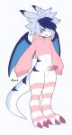  anthro blue_body blue_hair claws clothed clothing db0rk dragon eyes_closed genitals hair hi_res invalid_tag legwear male nude penis solo solo_focus thigh_highs wings 