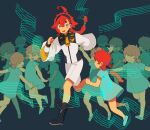  6+girls ahoge aqua_eyes bangs black_footwear black_hairband boots dou_(mame_eee) dress ericht_samaya full_body gundam gundam_suisei_no_majo hair_between_eyes hairband highres long_hair low_ponytail multiple_girls open_mouth red_hair running school_uniform short_hair shorts smile spoilers suletta_mercury swept_bangs thick_eyebrows toddler twintails white_shorts 