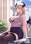  1girl arm_support bangs bare_arms bare_shoulders black_bra black_garter_straps black_skirt black_tail blonde_hair blue_eyes blurry bra bra_peek bra_visible_through_clothes breasts center_frills cleavage cloud coffee_mug collared_shirt covered_navel cup curtains curvy demon_girl demon_horns demon_tail demon_wings depth_of_field dress_shirt frills gradient_hair hand_on_own_thigh high-waist_skirt highres hololive horns indoors lace-trimmed_legwear lace-trimmed_skirt lace_trim large_breasts long_hair looking_afar miniskirt moisture_(chichi) mug multicolored_hair parted_lips partially_unbuttoned pencil_skirt pink_shirt plant pointy_ears see-through shirt shirt_tucked_in sidelocks sitting skirt sky sleeveless sleeveless_shirt solo sweat swept_bangs tail thighhighs underwear virtual_youtuber wet wet_clothes window wings yuzuki_choco zettai_ryouiki 