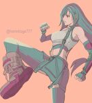  1girl bangs bare_shoulders black_bra black_gloves black_hair black_skirt black_thighhighs bra breasts clenched_hand closed_mouth crop_top elbow_gloves fighting_stance final_fantasy final_fantasy_vii final_fantasy_vii_remake fingerless_gloves foot_out_of_frame foot_up gloves ha_lu77 highres kicking large_breasts long_hair looking_to_the_side low-tied_long_hair midriff miniskirt navel orange_background red_eyes red_footwear shirt skirt sleeveless sleeveless_shirt solo sports_bra suspenders swept_bangs thighhighs tifa_lockhart twintails underwear white_shirt 