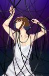  1girl asymmetrical_hair brown_eyes brown_hair cable camisole closed_mouth hair_ornament hairclip iwakura_lain kitayuki_kajika serial_experiments_lain short_hair simple_background single_sidelock solo x_hair_ornament 