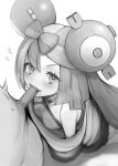  1boy 1girl absurdres bangs biting blush bow-shaped_hair breasts censored character_hair_ornament clothed_female_nude_male eyelashes fellatio greyscale hair_ornament hetero highres iono_(pokemon) long_hair looking_at_viewer magnemite medium_breasts monochrome nude oral oversized_clothes penis penis_biting pokemon pokemon_(game) pokemon_sv putama sharp_teeth simple_background sweat teeth very_long_hair 