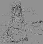  animal_humanoid artist_name beach big_breasts bikini blush blush_lines breasts clothed clothing cloud detailed_background digital_drawing_(artwork) digital_media_(artwork) dragon dragon_humanoid eyewear eyewear_on_head female holding_object holding_towel horn humanoid looking_at_viewer monochrome navel onigiriad outside portrait scales seaside sketch sky slightly_chubby smile solo sunglasses sunglasses_on_head swimwear three-quarter_portrait towel walking 