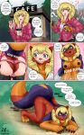  absurd_res all_fours anthro beauty_mark big_tail blonde_hair breasts buckteeth butt cellphone chest_tuft claws clothing coffee_cup coffee_shop comic container cup dialogue drill_curls english_text female fluffy fluffy_tail fur fur_growth giant_squirrel growth hair hi_res human_to_anthro mammal multicolored_body multicolored_fur open_mouth outside panties phone rodent sciurid smartphone solo species_transformation speech_bubble tail_growth teeth text transformation tree_squirrel tuft underwear whiskers witchfiend 