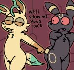  ambiguous_gender anthro bed colored dialogue duo eeveelution finger_twiddling furniture generation_2_pokemon generation_4_pokemon inside leafeon looking_at_another looking_at_partner male nintendo outline pokemon pokemon_(species) silly_imp stretching umbreon video_games 