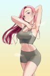  1girl absurdres armpits blue_eyes highres long_hair looking_at_viewer open_mouth original pink_hair solo sports_bra spread_armpit standing sweat user_zxjk2332 v 