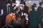  6+boys alcohol beard board_game bottle chair chess cigarette clone covered_eyes facial_hair formal hand_on_own_face hat highres jigen_daisuke lupin_iii male_focus multiple_boys no_headwear playing_chess sitting smoking suit table urourooooo 