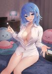  1girl blue_eyes blue_hair breasts cleavage collarbone collared_shirt covered_nipples ear_picking hair_between_eyes haiyi highres indoors jellyfish kanpa_(campagne_9) lamp large_breasts long_hair looking_at_viewer naked_shirt on_bed open_mouth partially_unbuttoned pillow shirt sidelocks sitting smile solo stuffed_animal stuffed_toy synthesizer_v tissue_box white_shirt 