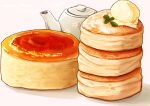  cheesecake cream food food_focus garnish kaneko_ryou original pancake powdered_sugar simple_background souffle_pancake still_life teapot white_background 