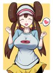  1girl :d black_pantyhose breasts brown_hair closed_eyes cowboy_shot doku_yanagi double_bun doughnut_hair_bun facing_viewer hair_bun heart highres large_breasts legwear_under_shorts long_hair open_mouth pantyhose pokemon pokemon_(game) pokemon_bw2 raglan_sleeves rosa_(pokemon) shorts smile solo spoken_heart standing visor_cap white_headwear 