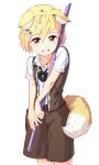  1girl absurdres ahoge animal_ears asymmetrical_hair bangs black_bow black_bowtie blonde_hair blush bow bowtie brown_skirt brown_vest collared_shirt commentary_request cookie_(touhou) cowboy_shot flat_chest floppy_ears food fox_ears fox_girl fox_tail grin hair_between_eyes highres holding holding_staff looking_at_viewer medium_hair miramikaru_riran omelet red_eyes satodesu_cookie shirt short_sleeves sidelocks simple_background skirt smile solo staff tail tamagoyaki vest white_background white_shirt 