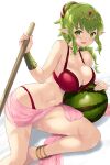  1girl bangs bare_shoulders barefoot bikini blush breasts cait_aron cleavage collarbone commentary fire_emblem fire_emblem_awakening fire_emblem_heroes food fruit green_eyes green_hair highres large_breasts legs long_hair looking_at_viewer navel official_alternate_costume open_mouth pointy_ears ponytail red_bikini smile solo swimsuit thighs tiki_(fire_emblem) watermelon white_background 
