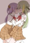  2girls alina_gray bangs blunt_ends blush bow bowtie brown_skirt green_hair hair_between_eyes hair_ornament hair_ribbon highres kiss layered_sleeves leg_between_thighs long_hair long_sleeves loose_bowtie magia_record:_mahou_shoujo_madoka_magica_gaiden mahou_shoujo_madoka_magica medium_hair misono_karin multicolored_hair multiple_girls na_bia orange_ribbon parted_bangs parted_hair plaid plaid_skirt purple_eyes purple_hair red_bow red_bowtie ribbon sakae_general_school_uniform school_uniform shirt short_over_long_sleeves short_sleeves sidelocks skirt sleeve_cuffs sleeves_rolled_up star_(symbol) star_hair_ornament straight_hair streaked_hair two_side_up very_long_hair white_shirt wide-eyed wing_collar yuri 