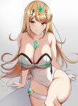  1girl bare_shoulders bed_sheet blonde_hair breasts chest_jewel choker cleavage closed_mouth collarbone earrings groin highres hip_vent jewelry large_breasts long_hair looking_at_viewer mythra_(radiant_beach)_(xenoblade) mythra_(xenoblade) noeomi official_alternate_costume one-piece_swimsuit sitting skindentation solo swimsuit thigh_strap thighs tiara very_long_hair wavy_hair white_choker white_one-piece_swimsuit wide_hips xenoblade_chronicles_(series) xenoblade_chronicles_2 yellow_eyes 
