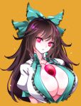  1girl black_hair blouse breasts cleavage collared_shirt frilled_shirt_collar frills huge_breasts long_hair open_mouth puffy_short_sleeves puffy_sleeves raptor7 red_eyes reiuji_utsuho shirt short_sleeves solo touhou white_shirt 