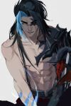  1boy abs armor bangs bare_arms bare_shoulders black_hair blue_hair closed_mouth collarbone heterochromia highres kayn_(league_of_legends) league_of_legends looking_at_viewer male_focus multicolored_hair red_eyes shiny shiny_hair shoulder_armor simple_background solo tie_(yoooeeeeeeeeee) two-tone_hair white_background yellow_eyes 