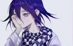  1boy absurdres bangs checkered_clothes checkered_scarf closed_mouth danganronpa_(series) danganronpa_v3:_killing_harmony grey_background grey_jacket hair_between_eyes hand_on_own_cheek hand_on_own_face highres jacket male_focus ouma_kokichi pink_eyes portrait purple_hair scarf shiny shiny_hair short_hair simple_background solo very_fruity 